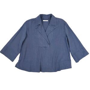MM.Lafleur Linen Blend Collared Top XS Blue Stretch 3/4 Sleeve Nautical Preppy